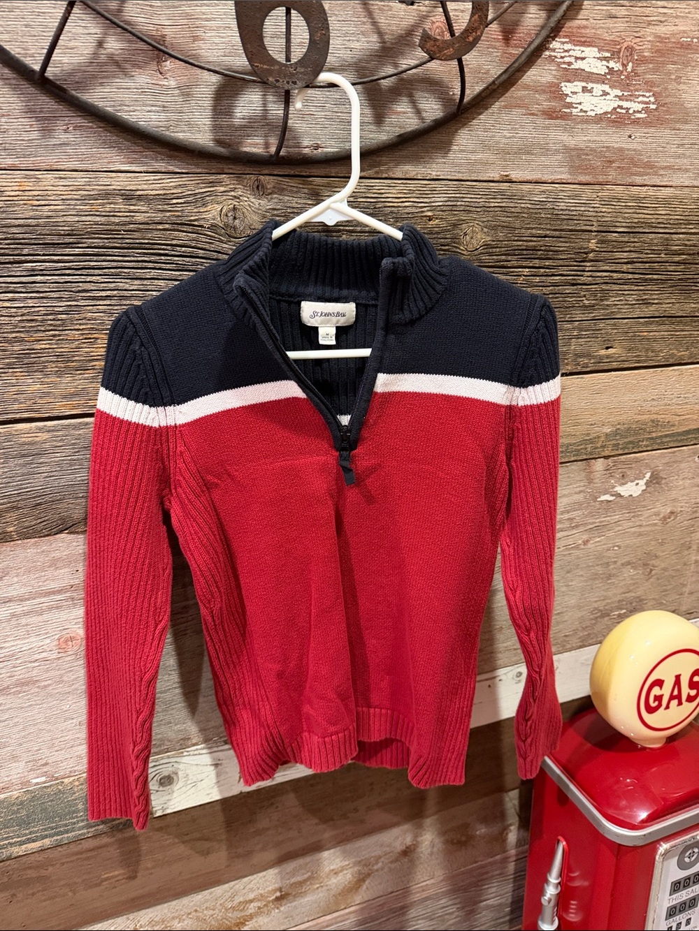 St. John's Bay Red Navy White Half-Zip Cable Knit Sweater